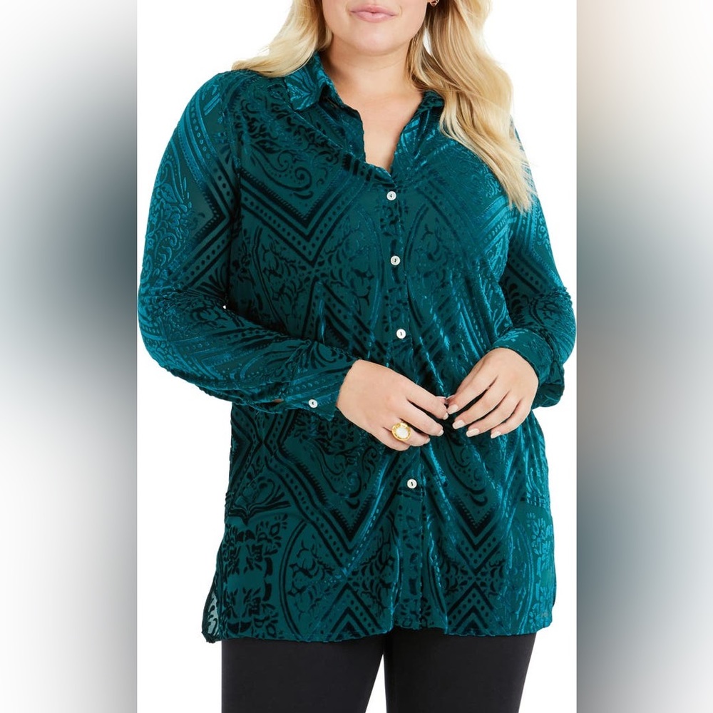 FOXCROFT Jade Velvet Burnout Teal Green Long Sleeve Top - size 12